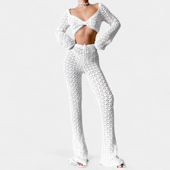 Nakd White Crochet Long Sleeve Crop Top Flared Pants Two Piece Set Size XS/S - Picture 1 of 7